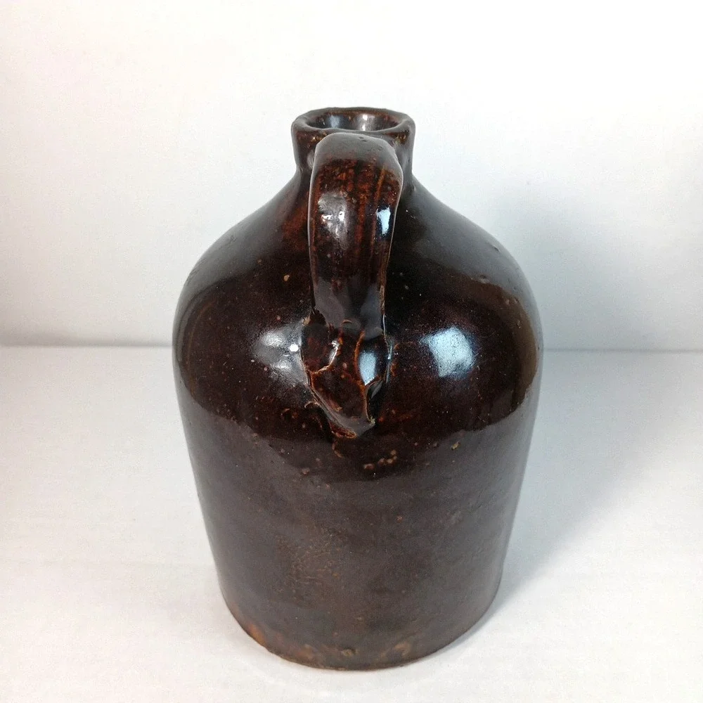 Antique Brown Stoneware Pottery Glazed Whiskey Milk Beehive Jug W/Handle 6.5x5
